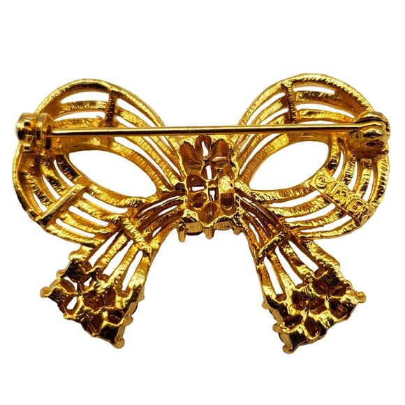 Lisner Gold Bow Brooch Magenta Pink Rhinestone Ribbon Pin Vintage Signed - Picture 2 of 5